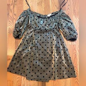 LPA Olive Green Off-Shoulder Polka Dot Dress with Black Dots